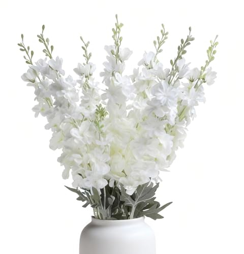 Kenpal 8 pcs White Silk Delphinium Artificial Flowers, 34 Long Snap Dragons Fake Larkspur Silk Flowers with Flocking Stem for Floor Vase Wedding Home (White)