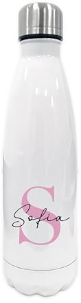 Botella térmica personalizada con inicial y nombre, de acero Inoxidable color blanco, tapa de rosca. (distintos colores a elegir en la inicial)