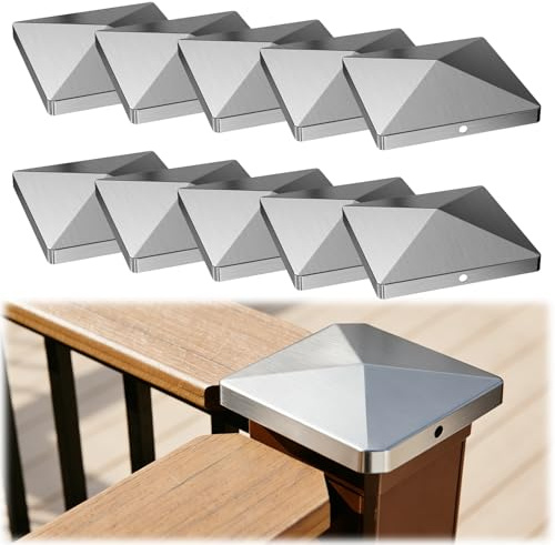 10Pcs Fence Post Caps, Square Stainless Steel Fence Toppers with Screws, Weatherproof Fence Post Tops Protector Covers for Wooden and Steel Pipes (4 x 4 inch)