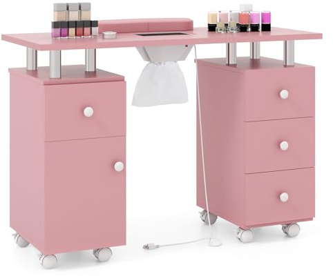 COSTWAY Tavolo Manicure con Aspirapolvere, Tavolo Unghie con Cassetti, Spina, 3 Sacchetti, Armadietto, Cuscino Poggia Polso e 8 Ruote blocabili, Banco Ricostruzione Unghie in Legno (Rosa)