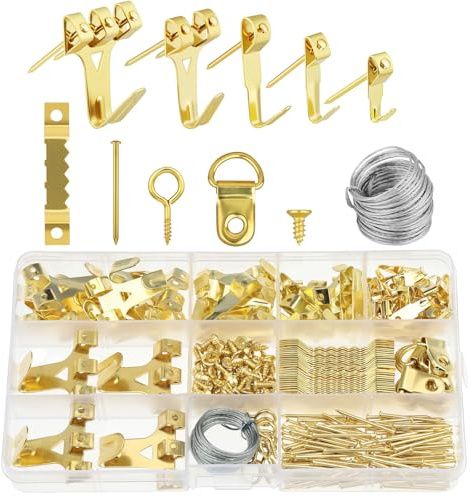 AYESY Kit de Suspension pour Tableaux, 282 Pièces Crochets en Métal pour Cadre Photo Fixation Murale pour Fixation Cadres Photos Miroirs Œuvres D'art (avec Clous et du fil métallique, Or-C)