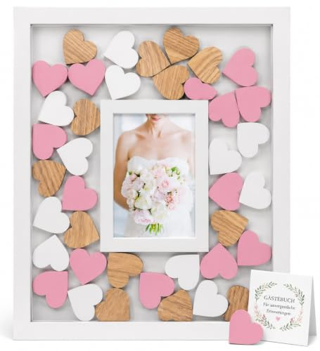 Topshop24you Libro degli ospiti per matrimonio in cornice portafoto con 72 cuori in legno da scrivere, libro degli ospiti di nozze, cornice in legno MDF bianco, 43 x 31 cm (cuori colorati)
