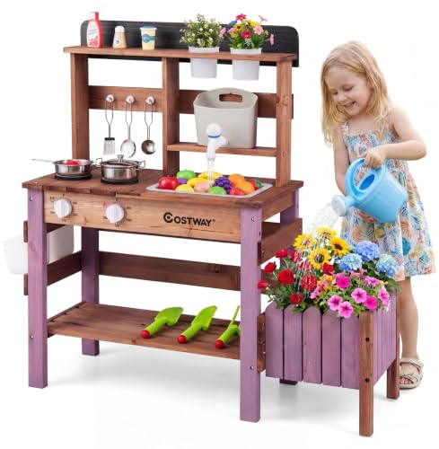 COSTWAY Cuisine Extérieure Enfant en Bois avec Jardinière et 15 Accessoires | Cuisine de Boue avec Robinet et Réservoir d'Eau, Étagère de Rangement, Jeu d'Imitation Boueuse pour 3 Ans+