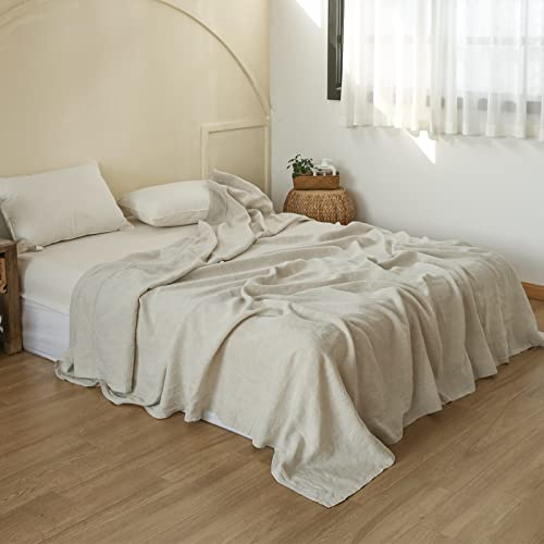 Simple&Opulence French Linen Flat Sheet with Embroidered Border-100% Stone Washed Flax Bedding,King Size(108''x102'') Ultra Soft,Breathable Flat Top Sheet-1 Piece Bed Flat Sheet Only(Linen)