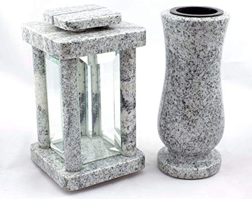 designgrab Set Grablampe Modern 25,5 cm & Granitvase 25 cm – massiv, hochwertig & poliert – Viscont White – weiß-grau gesprenkelt
