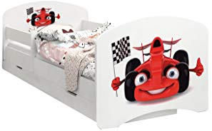 Happy Babies - Doppelseitiges KINDERBETT MIT SCHUBLADE Modernes Design mit sicheren Kanten und Absturzsicherung Schaumstoffmatratze 7 cm. (160x80, 86. Auto mit Flagge)