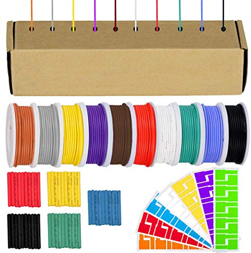 Youmile 22AWG Hook up Wire Kit - 10 Color Silicone Electrical Cable 300V 7m/23ft with Stranded Tinned Copper, 50PCS Heat Shrink, 70PCS Labels
