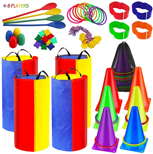53 Pieces Outdoor Lawn Game Carnival Toss Set Potato Sack Race Bags Egg and Spoon Race Party Ring Bean Bag Tossing Cones Prizes for Adult Family Birthday Party Outdoor Game Supplies