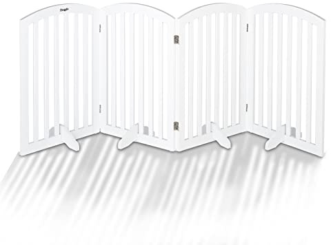 Bonnlo Freestanding Pet Gate with 4 Foot Supporters for Dogs Puppy Indoor Staircase Doorway Configurable Folding 4 Panel Indoor Wood Doggy Fence/Divider, 207CM W X 76CM H, White
