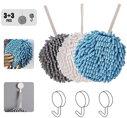 Chenille Hand Towel Ball,Super Soft/Quick Drying/Strong Water Absorption/Microfiber Velvet,Cleaning Wash Cloths/Wipe/Puff/Dryer Sponge for Bathroom/Kitchen,with Hanging Loop/Wall Hook(3 Pcs)