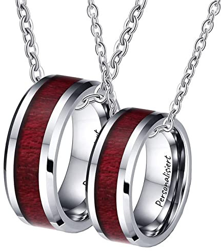 KnSam Paar Ketten Set 2 Stück, Wolfram Anhänger Ringe 8mm Band Holz Partner Kette Ihn und Ihn Silber Braun, Herrenkette 60cm, Damenkette 50cm, Größe 54 & 62