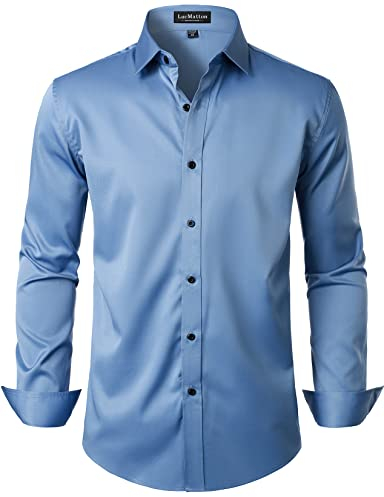 LucMatton Men's Stylish Stretch Wrinkle-Free Dress Shirt Formal Long Sleeve Slim Fit Button Down Shirts for Wedding Party Ink Blue XX-Large