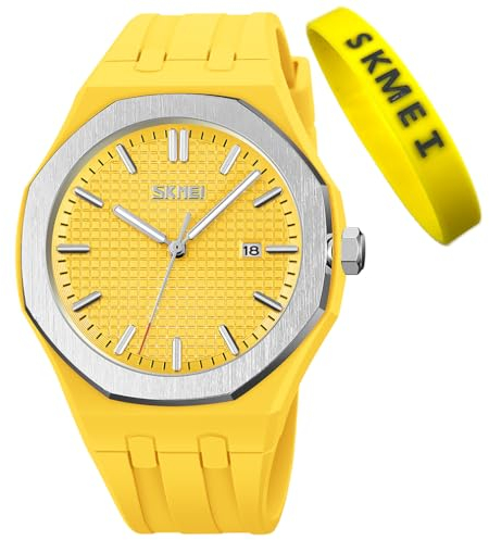 SKMEI Orologio da uomo in silicone, facile da leggere, impermeabile, sportivo, casual, alla moda, analogico, al quarzo, luminoso, regalo per padri, nero, G9299giallo, Alla moda