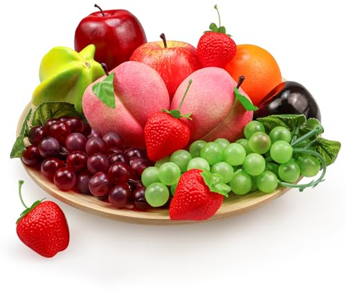 Fake Fruits Pack, Artificial Fruits Decoration Lifelike Fake Mixture Fruits for Home Decor, Simulation Faux Fruit Prop for Photoshoot, Artificial Apples Peaches Grapes Strawberries, 13 Pieces/Set