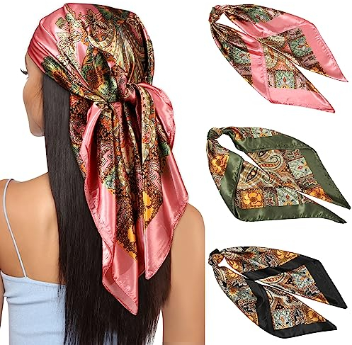 Kajeer 3 Stück Kopftuch Bandana Halstuch für Damen - 90x90cm Große Satin Seidentuch Weiches Satinschal Haarschal für Frauen