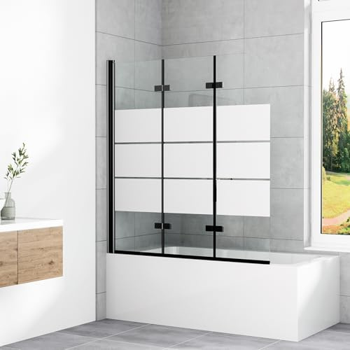Duschwand für Badewanne 130x140 cm Schwarz Faltbar Gestreift 3-teilig Duschtrennwand Duschabtrennung Badewannenaufsatz mit 5mm ESG Sicherheitsglas