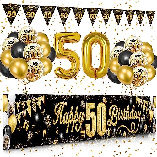 50 Geburtstag Dekoration Mann Frau, Schwarzes Gold 50. Geburtstags Deko, Happy 50th Birthday Banner, Zahl 50 Luftballons, Schwarzes Gold Konfetti Luftballons, Feuerwerk Dreieckiges Flaggenbanner