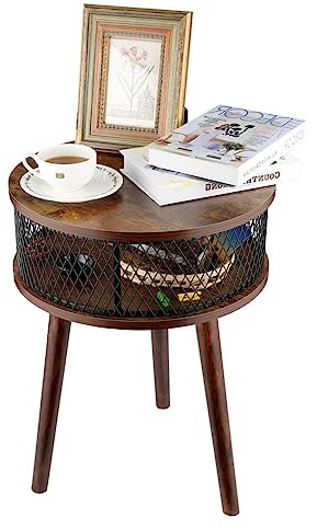 Himimi Tavolino rotondo da salotto con ripiano, tavolino moderno in legno con struttura in metallo e piano in legno, facile da montare, colore marrone rustico.