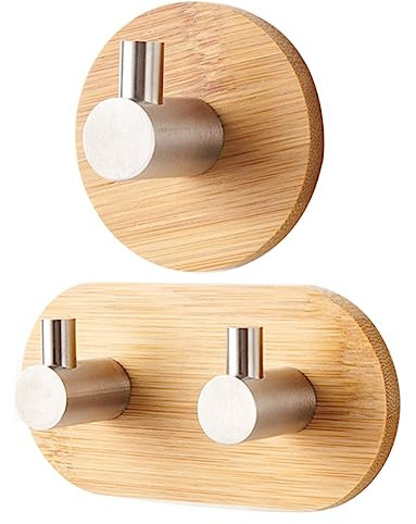 Lowats Wooden Towel Hooks, Pack of 2, Wooden Bamboo Wall Hooks, Self-Adhesive Hooks, Wooden Self-Adhesive Hooks, 304 Stainless Steel Towel Holder, Wooden Bamboo Towel Hooks for Kitchen, Bathroom