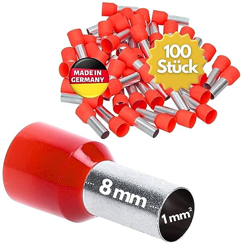 Kalitec 100x Terminali Isolati 1,0 mm² - Puntali a Bussola 8 mm, Rosso | Puntali a bussola AWG 18 in rame stagnato certificati UL, ideali per cablaggi industriali, elettricisti e pinze crimpatrici