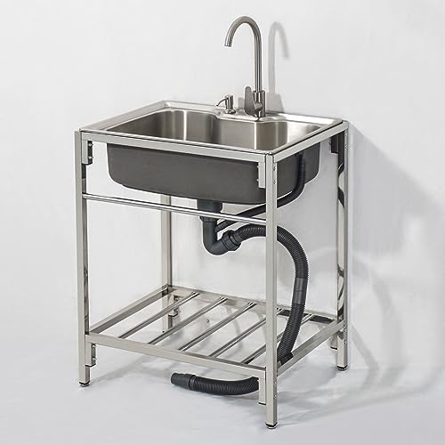 Kitchen Sink with Taps Free Standing Commercial Stainless Steel Single Bowl Sink Unit for Laundry Garage Indoor Outdoor Restaurant Catering