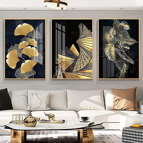 HEHGVCF Modern Einfachheit Pflanzen Leinwand Poster,Schwarzes Gold Bild,Gold Ginkgo Biloba Wandbilder,Bilder für Wohnzimmer Schlafzimmer Deko Gold Rahmenlos (A,60 x 90cm)