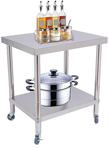 JINPRDAMZ Arbeitstisch, Edelstahl Arbeitstisch Küche mit 4 Rollen und Zwischenbord Tragfähigkeit 300 kg, Küchentisch Zerlegetisch Tisch, Zubereitungstisch Bar (76x60x85cm)