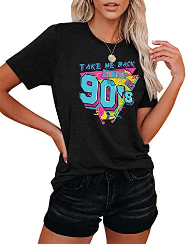 T-Shirt 80s Baby 90s Made Me pour Femmes Style Vintage Batik des Années 90 Chemises Décontractées Rétro des Années 80 Hauts De Nostalgie (Noir-90,XXL)