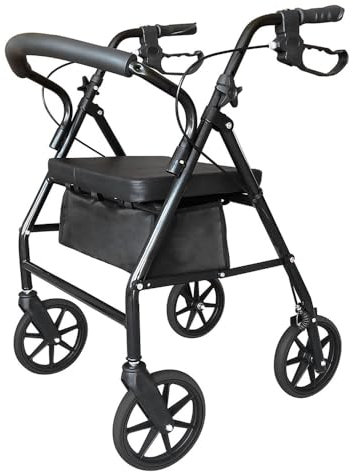 Lightweight Folding Mobility Aids, Mobility Walker Rollator 4 Wheel with Padded Seat, Lockable Brakes and Bag, Walking Frame for The Elderly or Disabled (Black)