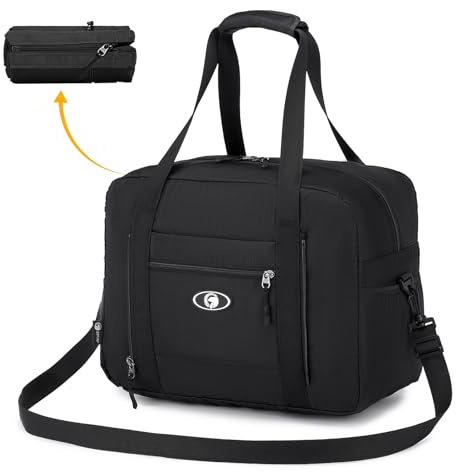 BAGZY Bolsa de Viaje Impermeable Plegable 40x30x20, Bolso de Cabina y Hombro, Maleta de Mano y Deportiva, Fines de Semana, Negro Nylon