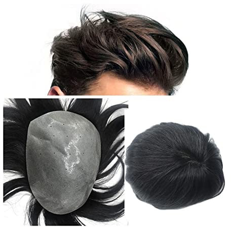 Toupet für Männer Toupet für Männer, 4 mm-6 mm PU-Haut, biologische Kopfhaut, Echthaar, Herren-Toupet, natürliches schwarzes indisches Remy-Haar, glattes Herren-Ersatzhaarteil, Herren-Toupet (Farbe: