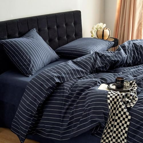 Bettwäsche 135x200 4Teilig Gestreift Marineblau Weiß Streifen Muster | ÖKO-TEX Zertifiziert,für Allergiker,4 Jahreszeiten Set,Aesthetic Bettbezug 2 Kissenbezüge 80x80 mit Reißverschluss