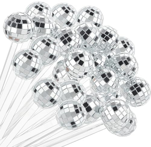 OLYCRAFT 40pcs Mirror Disco Ball Cocktail Stirrers 18.7x2.6cm Silver Cocktail Disco Decorative Sticks Round Top Mirror Swizzle Sticks for Coffee Drinks Cocktail Decorations Home Disco Party Supplie
