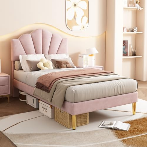 BTM Single Bed, 3FT (90 * 190cm) Upholstered Single Bed Frame, Shell-like Velvet Bed with Golden Iron Legs & Height-adjustable Headboard, Wooden Slatted Frame Velvet Bed, Pink