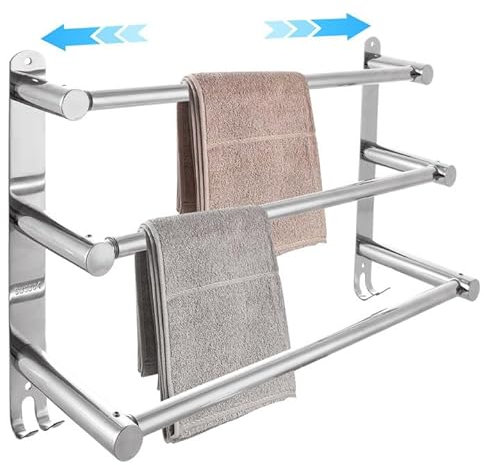 GBACHOOSE Adjustable Towel Rail, 3-Tier Towel Rack Wall Mounted, SUS 304 Stainless Steel Towel Shelves with Hooks, Wall Mounted Towel Holder for Kitchen Bathroom(43-75cm)
