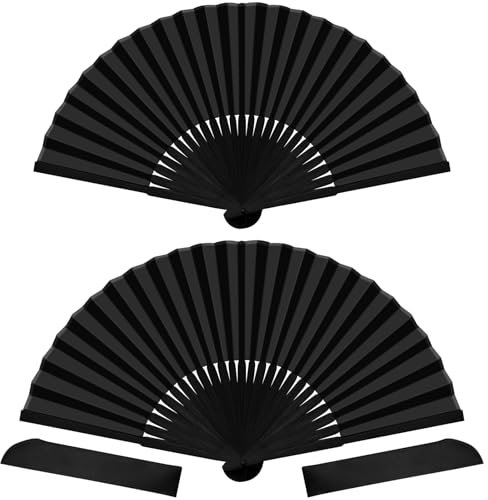 Sularpek Hand Fan Folding, 2 Pcs Handheld Folding Fan, Fabric Hand Fan, Paper Fan, Rave Fan,Black Hand Fans for Women Folding, Chinese Handheld Fans for Wedding Party Decoration Birthday Gifts