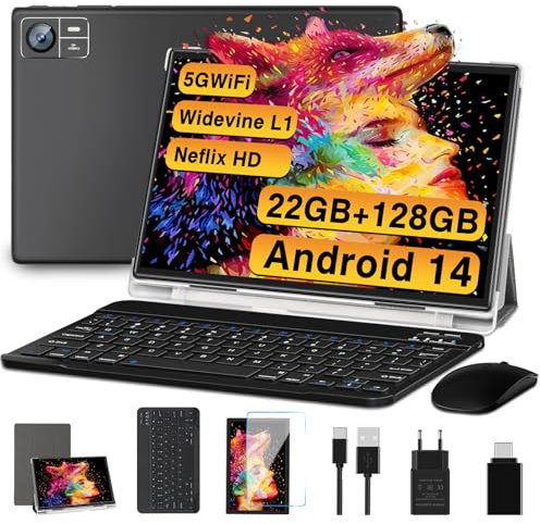 SUAAT Tablette 2025 Nouvelle 10 Pouces Android 14 avec 22Go RAM 128Go ROM (1To TF Extensible), WiFi 2.4G/5G, 8-Cores, 8000mAh, 8MP+5MP, Widevine L1, Tablette Tactile avec Clavier| Souris| Etui-Noir