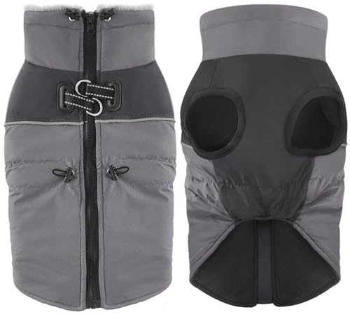 Dolahovy wasserdichte Hundemantel Winterjacken, Winddichte Haustier Kleidung Große Jumper Warme Hunde Mäntel Fleece Jacken Outfit für kleine mittlere große Hunde Welpen Weste mit Geschirr(Grau, 4XL)