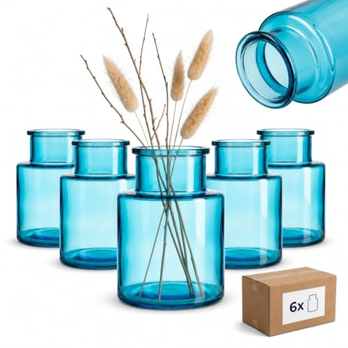 gouveo 6er Set Glasvasen Cylinrical 120 blau – Runde Moderne Blumenvasen aus Glas für Tischdeko, Hochzeit, Geburtstag – Zeitloses Design (VC120B)