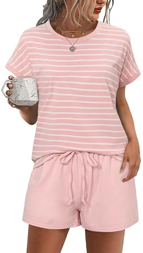 Litherday Pigiama Donna Corto Estivo Cotone Pigiami Due Pezzi da Donna Righe Pigiami a Maniche Corte e Pantaloncini con Tasca Pigiami Casual da Casa Morbido S-XXL