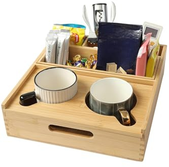 ROCDEER Large Bamboo Couch Caddy, Sofa Cup Holder Tray with 7 Compartments, Couch and Bedside Organizer for Drinks, Snacks, and Remotes (Large)