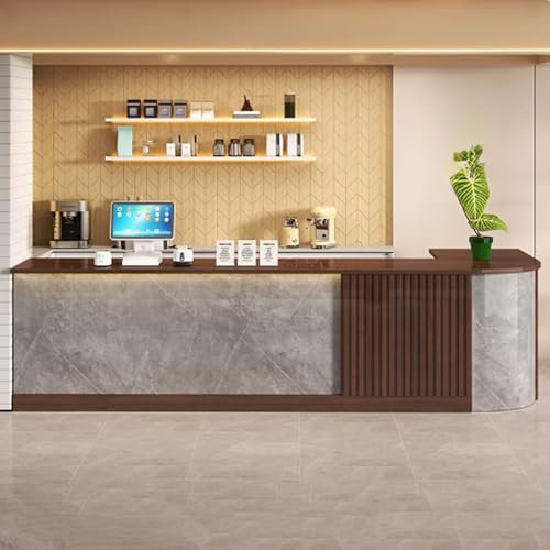 GUQASDV Bürotheke Reception Tisch, Reception Table, Reception Desk Salon, Empfangstresen für Praxis mit Sanfter Beleuchtung für Friseursalons, Supermärkte(Gray Texture+Brown,1.2m)