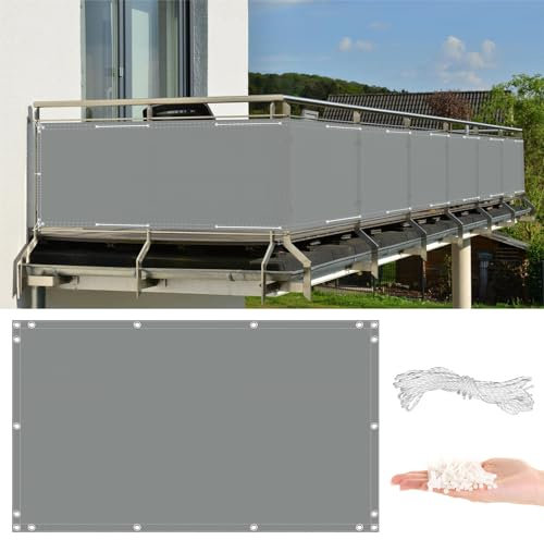 Malla de privacidad para balcón, 0,9 m x 6 m, ligera, con revestimiento de poliuretano, tela Oxford 600D con cuerda y ojales de aluminio, ideal para porche y porche, color gris claro