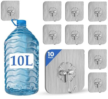 UTENSILIFY SUPER PACK De 10 Ganchos Adhesivos Para Pared Plata EXTRAFUERTE | Colgadores Adhesivos Resistentes | Ganchos Adhesivos | Gancho Adhesivo Pared | Cocina, Baño, Salon, Garaje