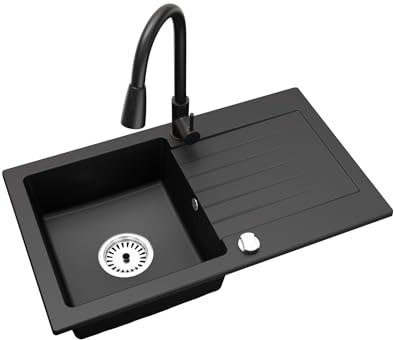 Faizee Granitspüle 75 x 44 cm Nachtschwarz – inklusive Armatur Wave in Schwarz – eckige Einbauspüle aus Granit – beidseitig montierbar, kratzfest, hitzebeständig – modernes Spülbecken