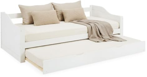 Homestyle4u Ausziehbett 90x200 mit Schublade 2 Matratzen & Lattenrost | Kinderbett Tagesbett ausziehbar mit 2 Lattenrost& 2 Rollmatratzen Kojenbett Gästebett Weiß Kiefer massiv Holz