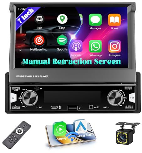Hikity Radio de Coche 1 DIN con Pantalla Táctil Manual Retráctil de 7, con Carplay Android Auto inalámbrico, Admite Reproducción de Tubo en You-Tube, Salida de Video, Radio FM/Am BT SWC CAM + Mic