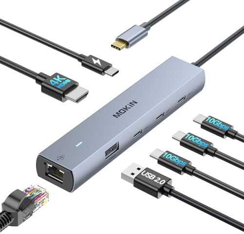 MOKiN 10Gbps USB C Hub HDMI Adapter, Ethernet Adapter with 4K@60Hz HDMI, Gigabit Ethernet, 3 USB-C Ports, 100W PD Charging, Multiport Adaptor for MacBook, iPad, HP, Dell, Laptop