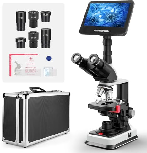[Monitor Smart 24MP] Microscopio Composto Trinoculare Vabiooth Lab 40X-2500X con Monitor 7, Software Gratuito - Acquisizione Immagini/Video con un Clic, Misurazione Lunghezze, Oculari a Grande Campo