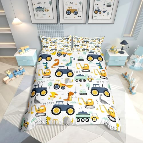 Homewish Housse de Couette 220x240 Enfant Voiture de Dessin Animé, Parure de Lit Enfant Ado Garçon Dinosaure Mignon, Sets de Housses de Couettes Excavatrice Tracteur, Couvre Lit Dinos, Réversible